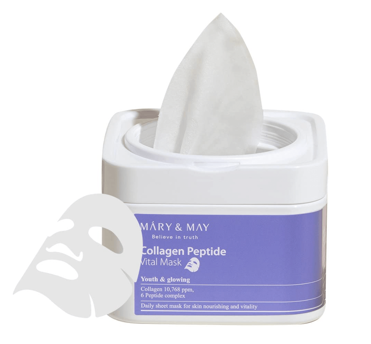 MARY & MAY Collagen Peptide Vital Mask - lakštinės veido kaukės su kolagenu, 30 vnt. - KBEAUTY.LT