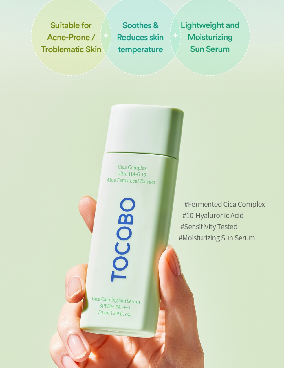 TOCOBO Cica Calming Sun Serum SPF 50+ - veido serumas su apsauga nuo saulės, 50ml
